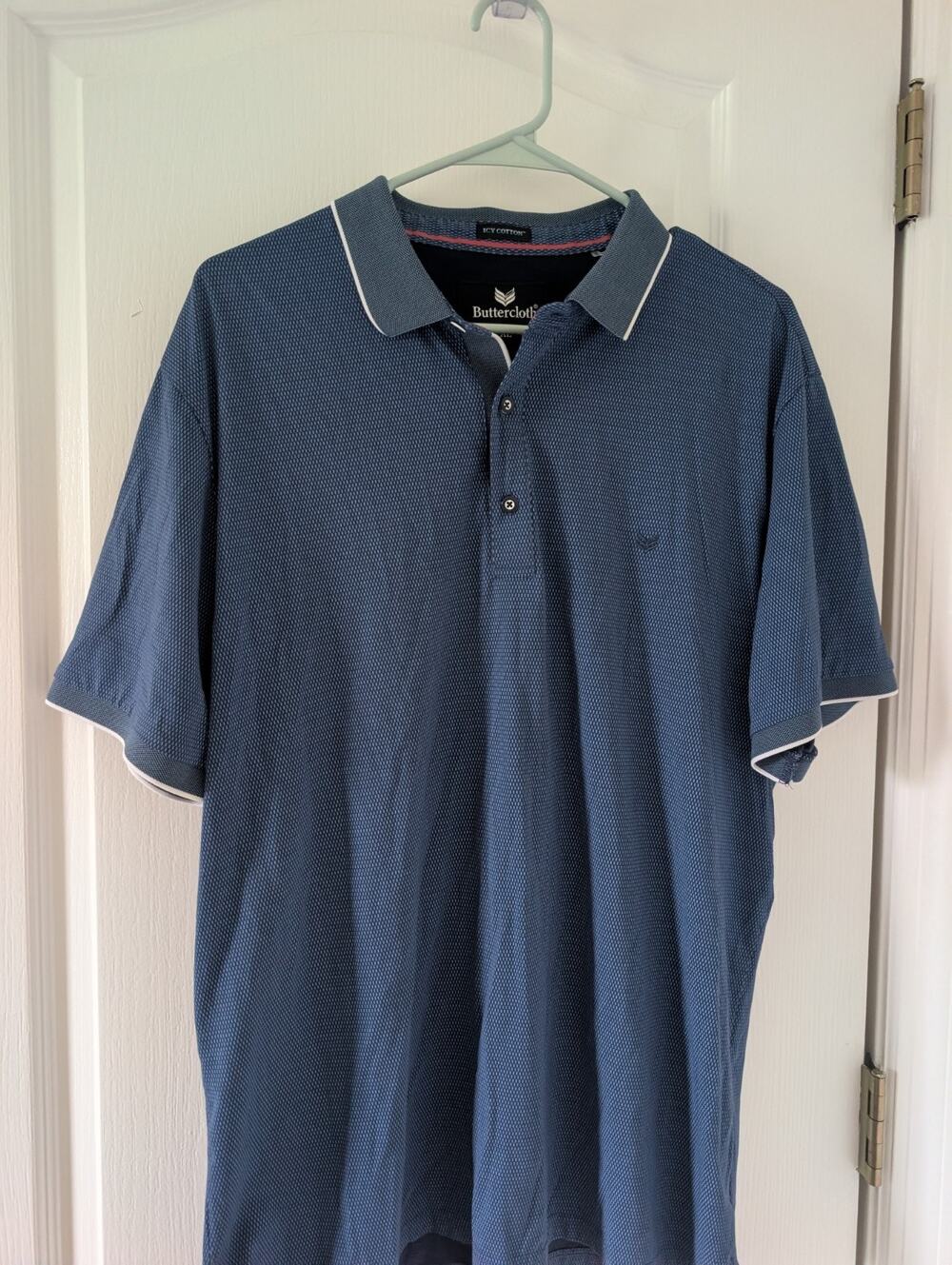 Buttercloth Icy Cotton Polo Shirt Mens XL Blue print Short Sleeve Stretch